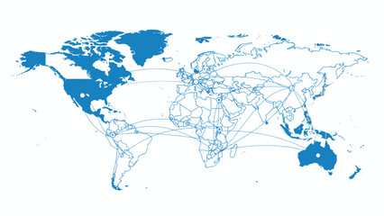 World map in blue and white with connecting lines, depicting global networks © gudangPIXEL