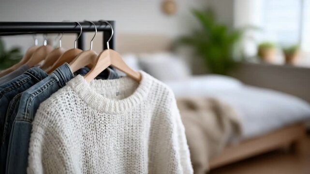 Close-up of a freestanding metal hanger rack beside the bed, casual denim jeans, neutral-toned shirt, relaxed T-shirt, and cozy sweater layered together, soft shadows on bedroom wa
