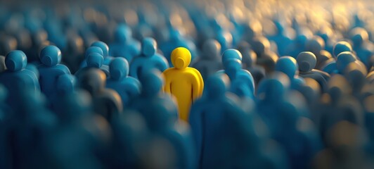 The Yellow Figure Standing Out Among Blue Figures Representing Leadership and Individuality