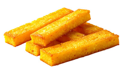 Pile of delicious golden fried polenta sticks, a traditional Italian appetizer or side dish. Crispy and seasoned cornmeal fries isolated on a clean, alpha transparent background for easy editing.