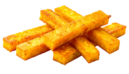 Crispy fried polenta sticks, a delicious Italian appetizer or side dish. Golden brown and perfectly seasoned cornmeal fries, isolated on a transparent background for easy use. Tasty comfort food.