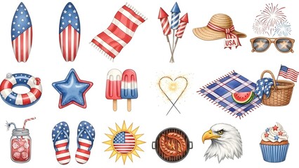 Collection of fourth of july celebration and summer holiday icons