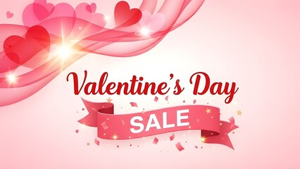 Valentine's day sale banner with hearts and ribbons