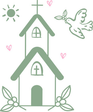 Kirche mit Taube. Symbole f&uuml;r Taufe und Erstkommunion,der Glaube an Gott, Christen, Einladung zur Konfirmation, Firmunf, Taufe, Heirat, vektor, isoliert.