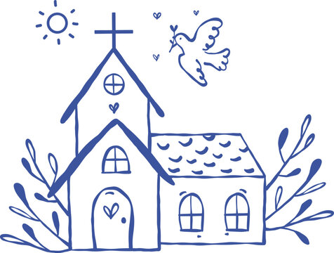 Kirche mit Taube. Symbole f&uuml;r Taufe und Erstkommunion,der Glaube an Gott, Christen, Einladung zur Konfirmation, Firmunf, Taufe, Heirat, vektor, isoliert.