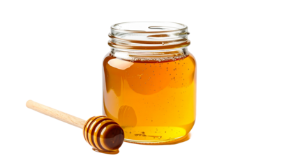 Glass jar filled with golden honey and a wooden honey dipper spoon, a natural sweet food ingredient for healthy eating and cooking, isolated on a clean transparent background for easy use.
