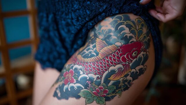 Close-up of a Japanese irezumi tattoo on a woman&rsquo;s thigh, koi fish swimming through stylized waves, rich reds and blues, traditional patterns following body anatomy, highly detaile