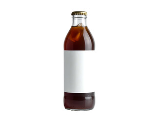 Clear glass bottle with dark liquid, blank label, gold cap, against black background