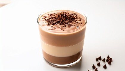 layered blended beverage with cocoa nib topping sits on a bright white surface