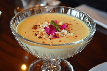 Delicious mango dessert in a glass bowl ultra hd photo