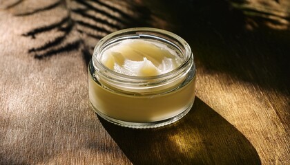 open glass jar containing thick cosmetic balm sits illuminated by dramatic sun shadows