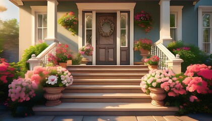 welcoming front porch with flowers steps generative ai