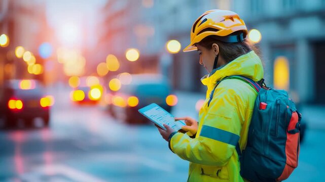Person in bright yellow safety jacket and helmet uses tablet device while standing on city street at dusk with blurred car lights in background.