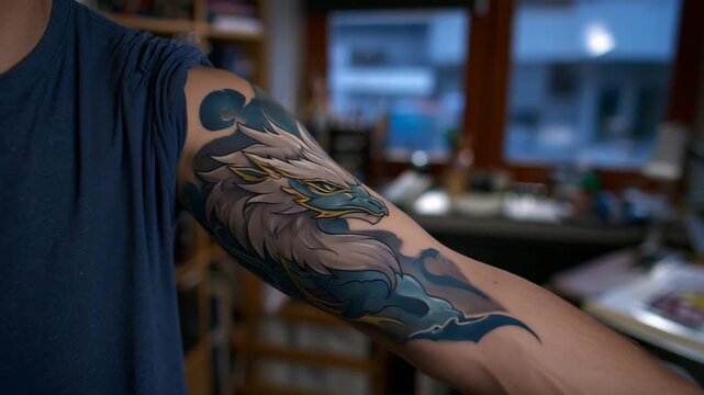 Close-up of a mythological creature tattoo on a man&rsquo;s forearm, realistic griffin with feather and fur detail, dramatic highlights, fantasy realism style