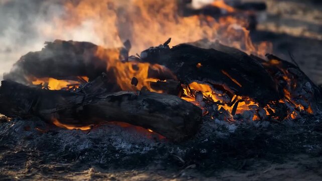 real funeral pyre thick logs burning with intense flames, ash and soot everywhere, gritty ground texture