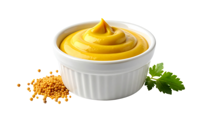 A ceramic bowl of creamy yellow mustard sauce with a swirl, accompanied by whole mustard seeds and a fresh parsley garnish, isolated on a clean transparent background for easy compositing.