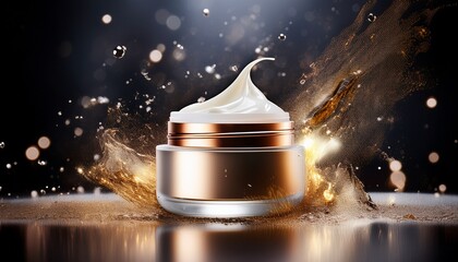 cosmetic product jar captures a dynamic splash of creamy substance with illuminating particles floating around