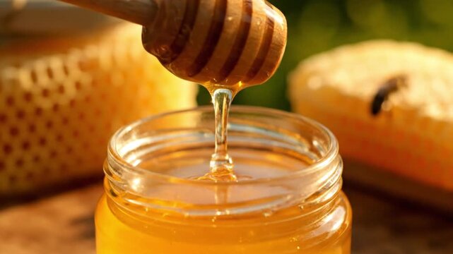 Golden organic honey dripping slowly from a wooden honey dipper into a glass jar, close-up macro shot of natural sweet food with warm sunlight, fresh honeycomb and bee in soft background.