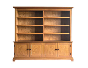 A large, wooden bookshelf cabinet with multiple shelves and lower storage doors, isolated