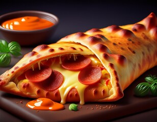 pepperoni and cheese calzone closeup generative ai
