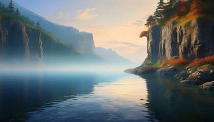 a serene misty landscape featuring a cliff face by a calm body of water