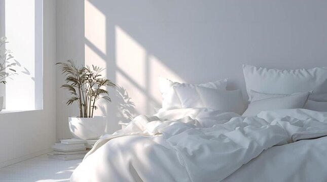 Sunlit minimalist bedroom white bedding pillow cozy morning sunlit white bedroom bed white bedding sunlight window indoor plant minimal interior