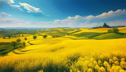 canola or rapeseed yellow field and blue sky generative ai