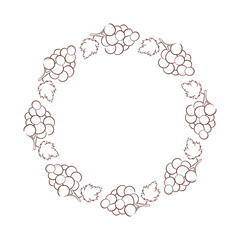 Wreath with bunch of wine grapes in line art style.