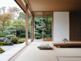 Fototapeta premium Minimalist Japanese house with earthy color palettes, handcrafted wood, and a perfectly balanced design