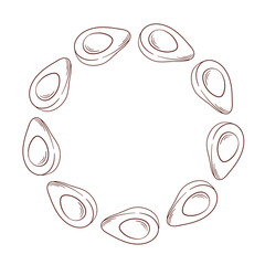 Cut in half avocado wreath in line art style. Design for vegan textile and package.