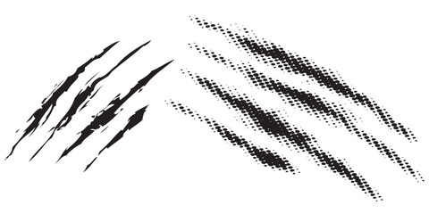 Abstract Black Claw Marks and Halftone Scratches on White Background. © Girlda