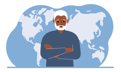 A man stands in front of a world map with his arms crossed.