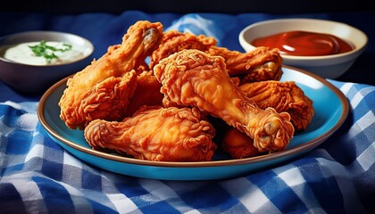 plate of fried chicken on blue plaid tow generative ai
