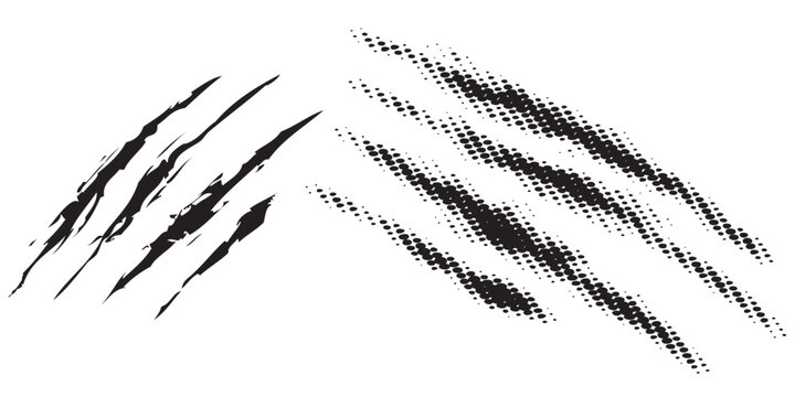 Abstract Black Claw Marks and Halftone Scratches on White Background.