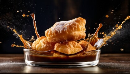 sweet fried pastry impacting dark liquid causing a dramatic splash inside a clear container