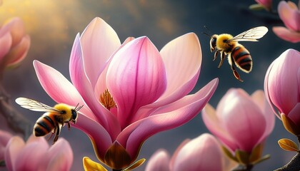 two bees flying near pink magnolia flower generative ai
