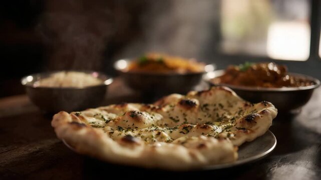 restaurant menu hero shot garlic herb naan bread on a plate in the foreground, Indian curries in metal bowls in the background 