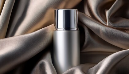 frosted cosmetic tube featuring a metallic silver swirl of product sits on a textured surface amidst draped fabric