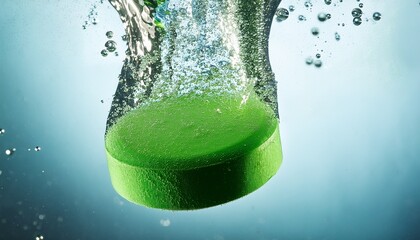 close up of green effervescent tablet dissolving in water with bubbles concept of freshness and health