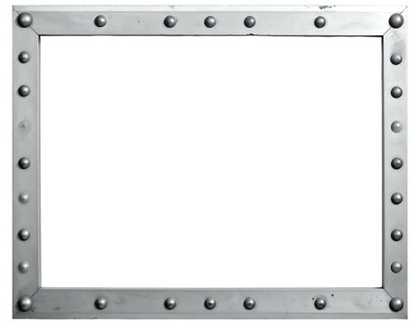 Rectangular metallic frame with riveted edging, isolated on black, empty center