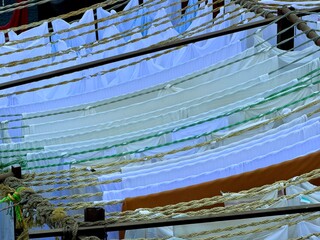 Dhobi Ghat open-air laundry district with high-rise skyline in Mumbai, Maharashtra, India.
