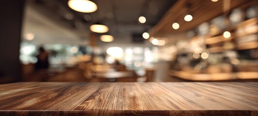 The Wooden Table in a Cozy Modern Cafe with Warm Bokeh Lighting