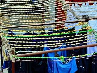 Dhobi Ghat open-air laundry district with high-rise skyline in Mumbai, Maharashtra, India.
