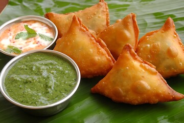 Crispy samosas with mint and tamarind chutney ultra hd photo