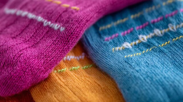 Close-up textile background of realistic socks in bold contrasting colors, fine fabric weave and stitching highlighted, modern apparel advertising aesthetic