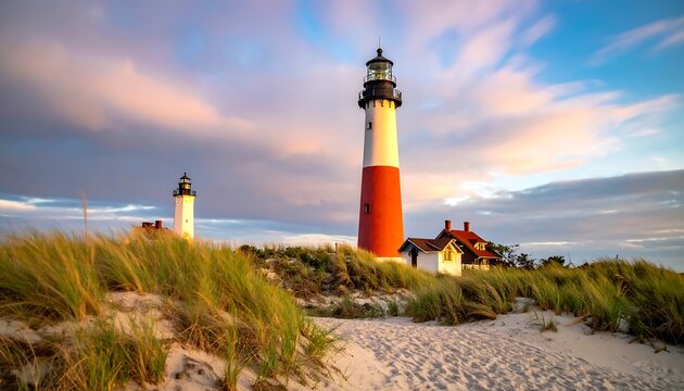 Coastal scene with two lighthouses, tall with red and white, and small on a sandy beach under sunset clouds