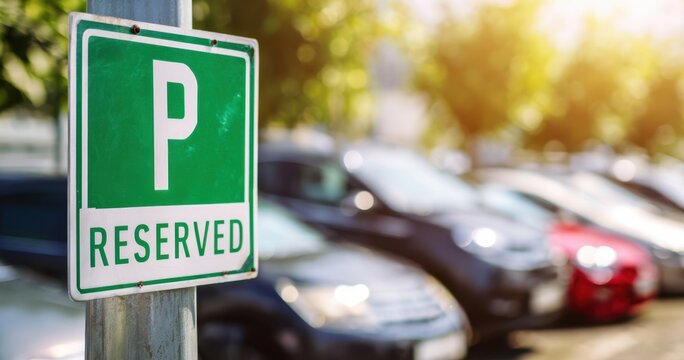 The reserved parking sign in a sunlit crowded outdoor parking lot with blurred cars