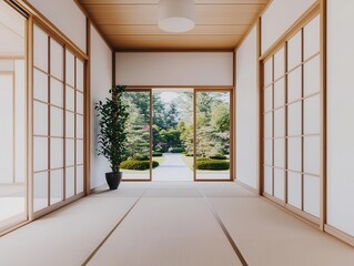 Traditional Japanese house with minimalist tatami rooms, shoji screens, and a serene zen garden