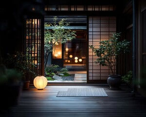 Tranquil, softly illuminated Japanese house with paper lanterns and an intimate, warm atmosphere