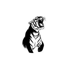 Obraz premium A fierce black and white illustration of a roaring tiger with its mouth wide open.